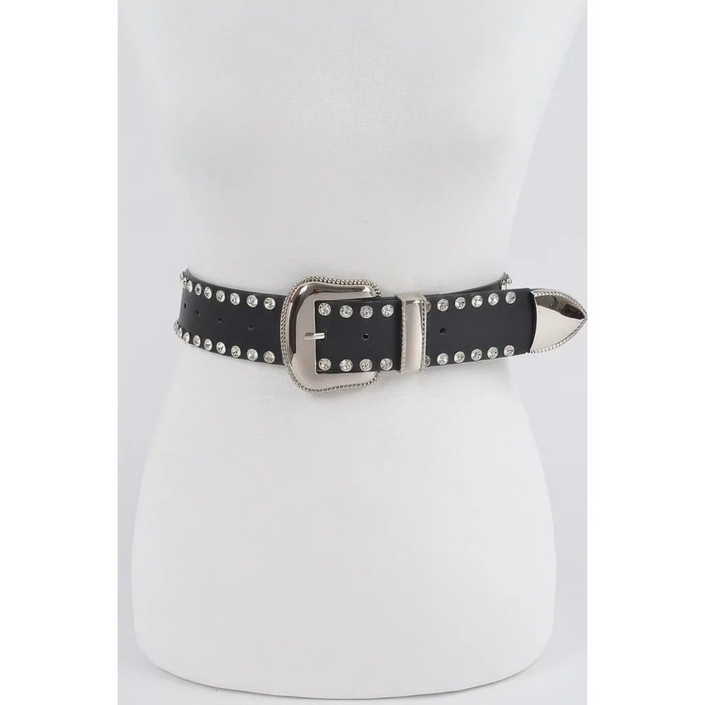 Western Belt Women One Size Black New Rhinestone Studded Buckle